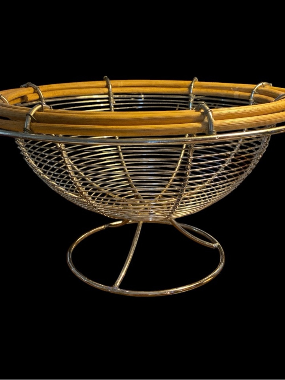 Vintage Wire Fruit Bowl with Yellow Bamboo Rim